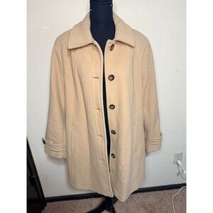Lands End Women’s Wool Blend Trench Coat Size 16W Tan Career Work Office Lined